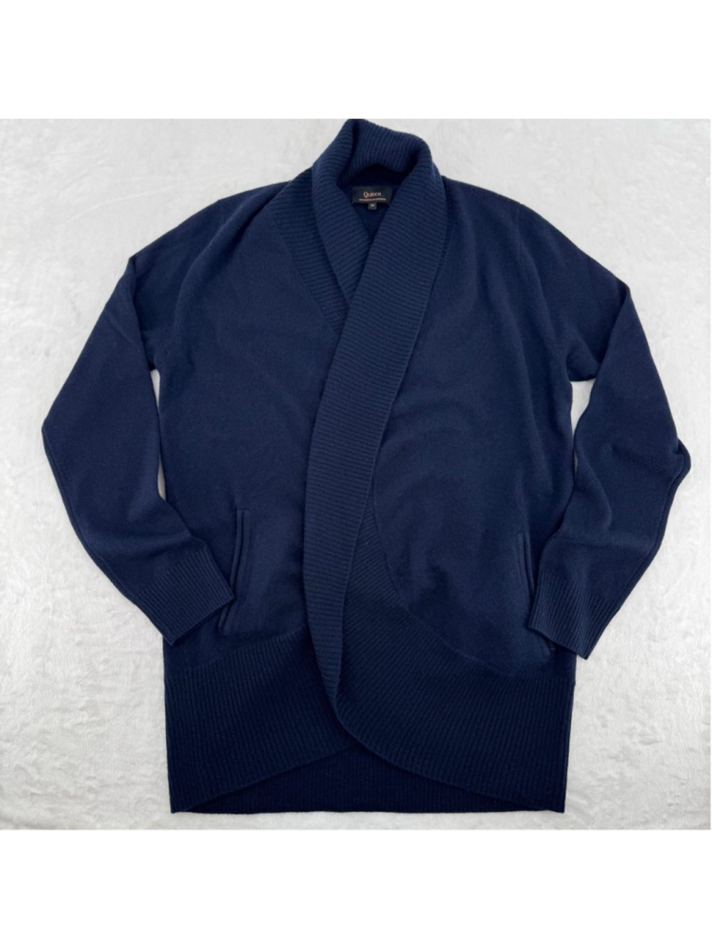 Quince 100% Cashmere Cardigan Sweater Navy Blue Shawl Collar Medium Quiet Luxury